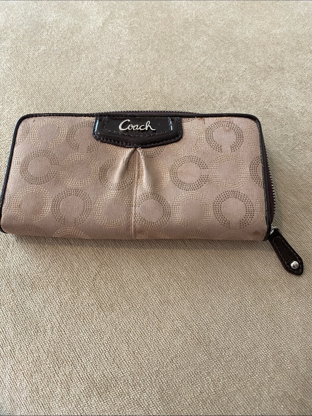 Coach Beige Signature Zip-Around Wallet with Dark Brown Trim